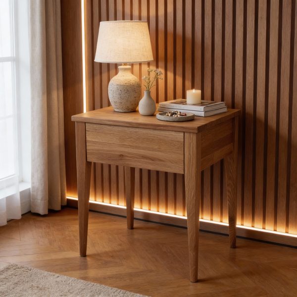 Julie — An oak-panel bedside table on tall legs, with a drawer.