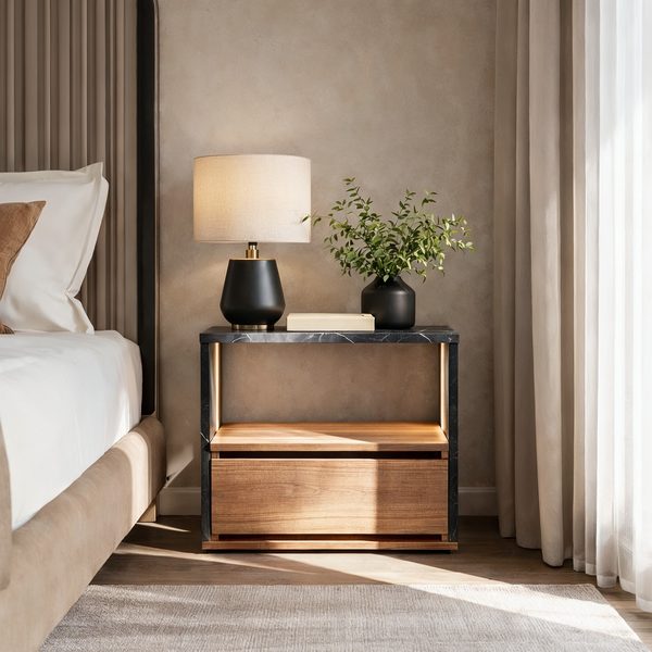 Omega — A bedside table with an LED-lit niche and a drawer without visible handles.