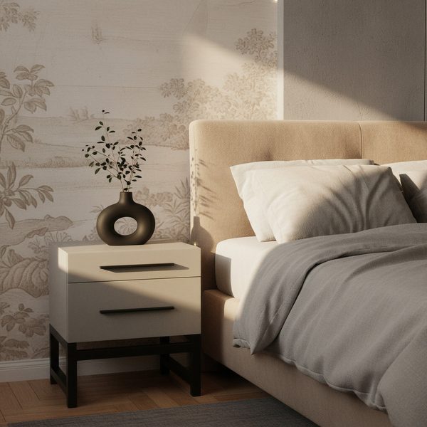 Valerie — A bedside table with two drawers on a slim black metal frame.