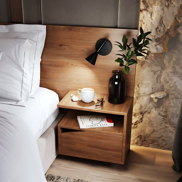Barklin — Natural oak panel with a built-in wall-hung unit.