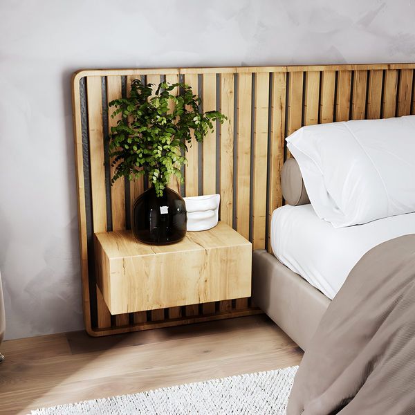 EchoWood — Slatted panel with a wall-hung bedside unit.