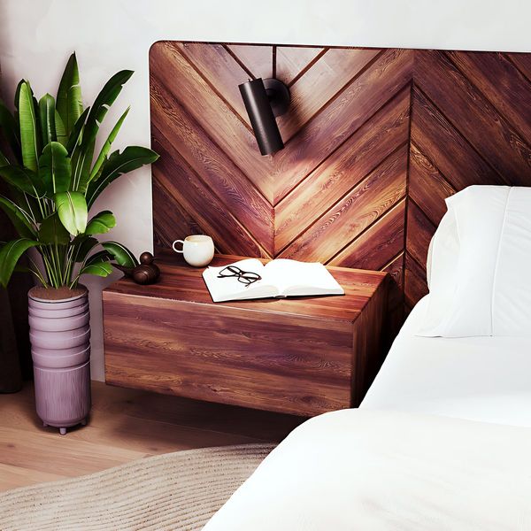 TreeLine — Wood panel with a chevron pattern and a wall-hung unit.