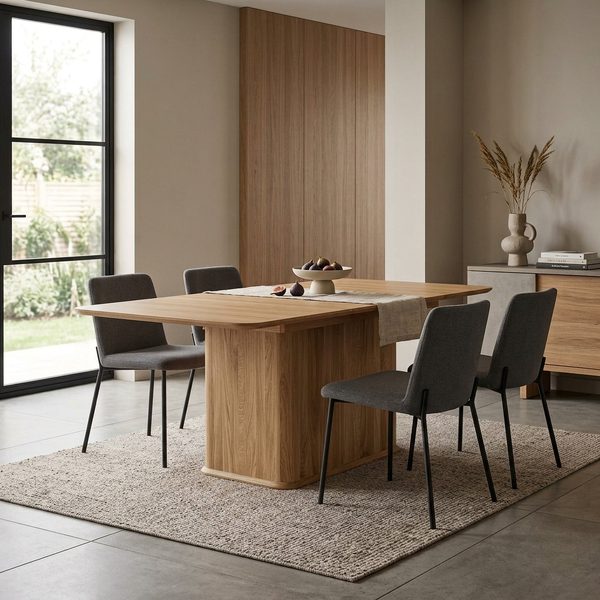 Cwellyn — An extendable natural oak dining table on a solid central base.