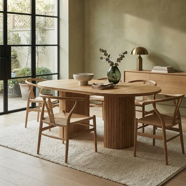 Tromso — A round natural oak dining table that extends in the middle.