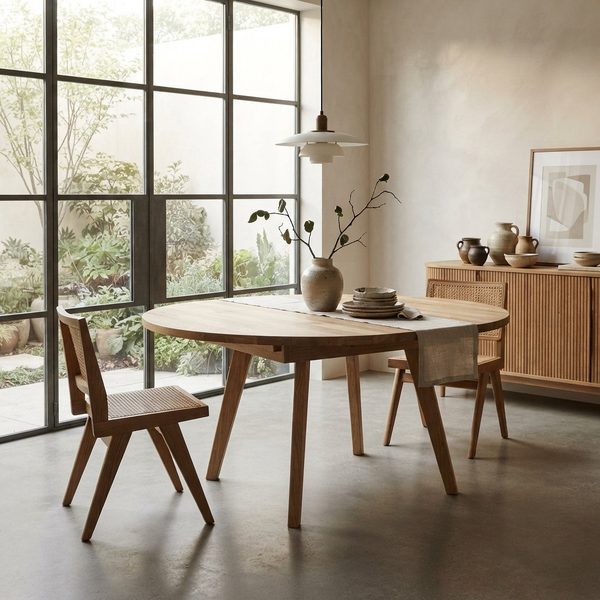 Urho — A round extendable natural oak dining table with a central leaf.